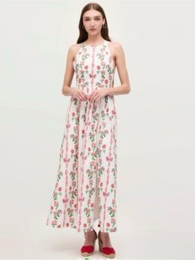 Hill House Addie Dress White Floral Halter Maxi Dress with Pink & Green Print